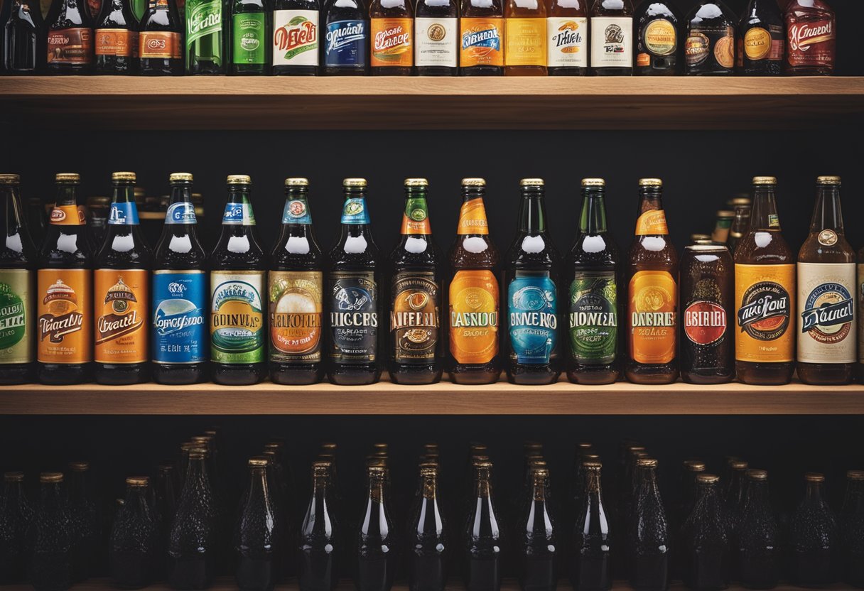 Various beverage bottles lined up on a wooden shelf, including soda, beer, water, and juice. Labels are colorful and distinct