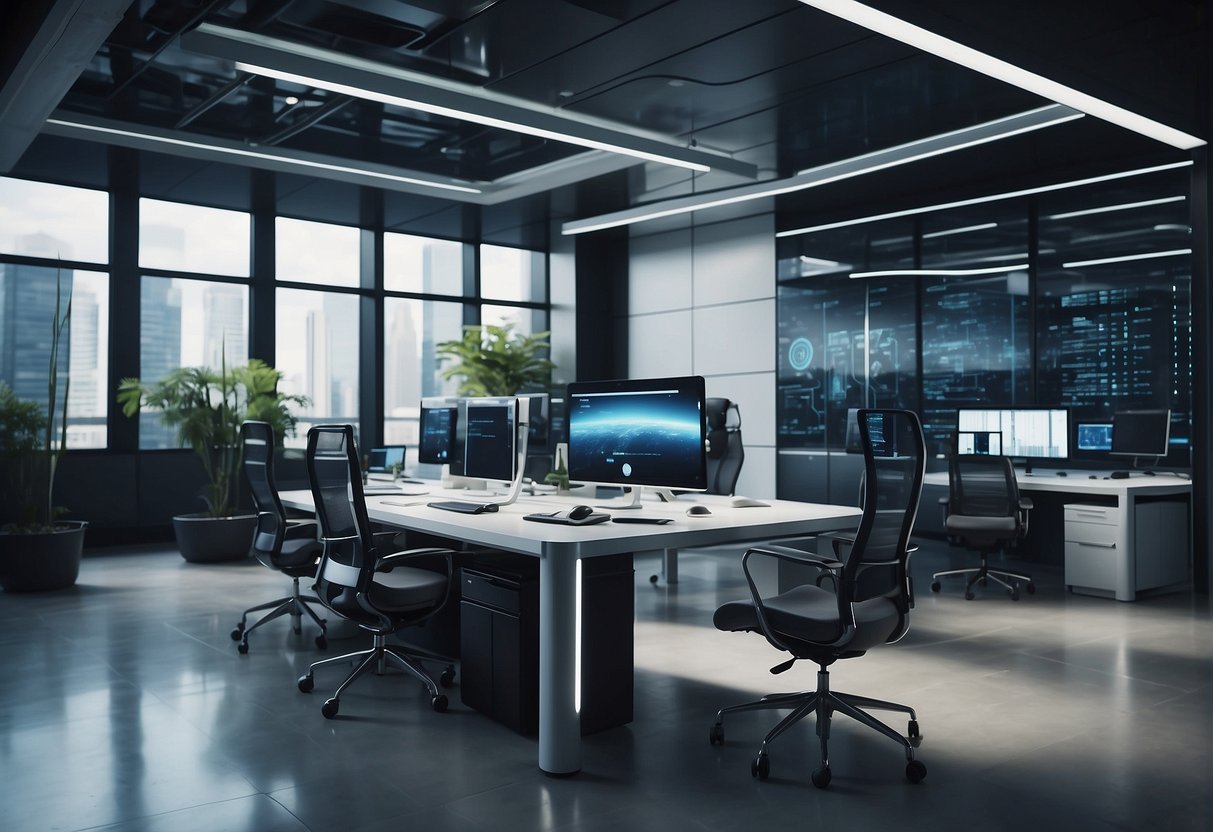 A futuristic office with advanced security systems and data encryption methods