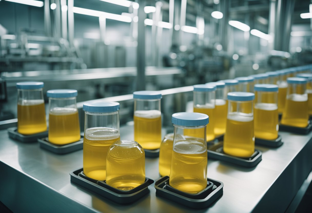 Machinery molds, fills, and seals beverage bottles on a conveyor belt in a sterile manufacturing facility