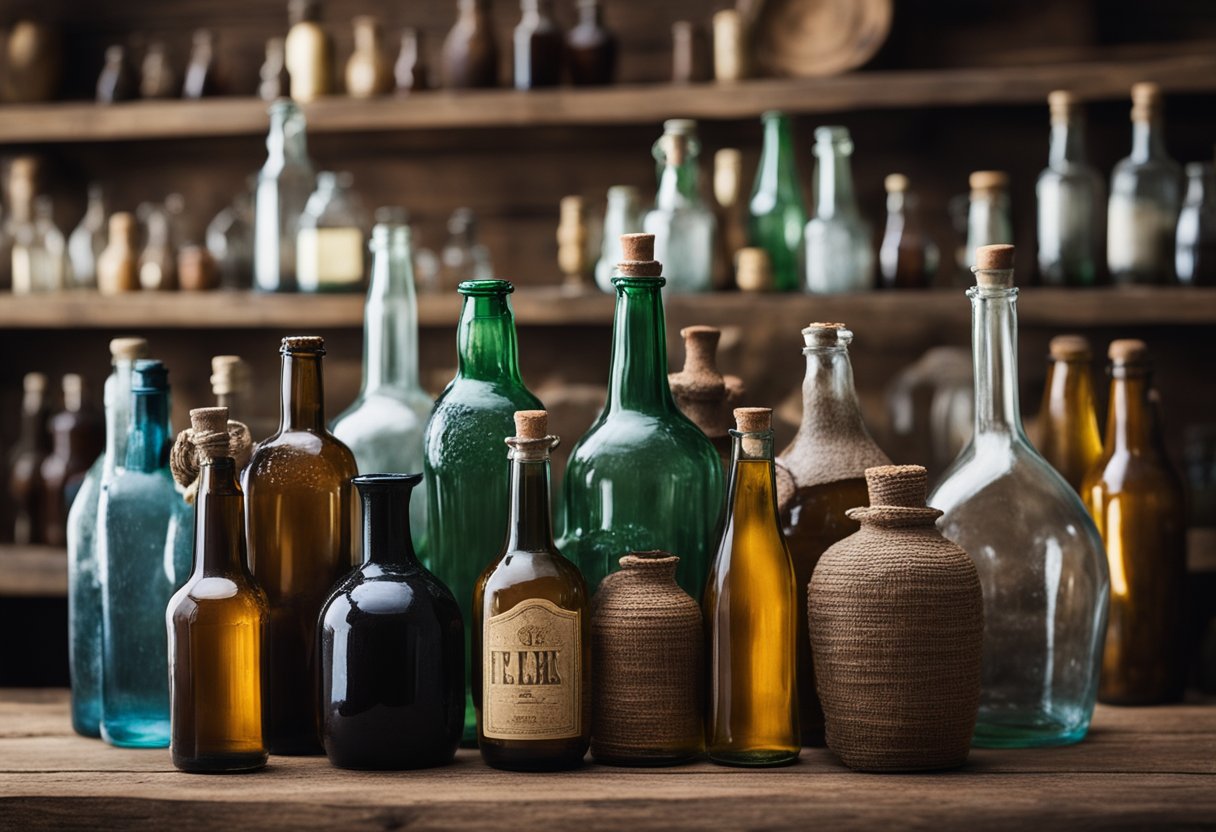 Various glass bottles from different time periods, including ancient clay vessels, medieval glass flasks, and modern soda and beer bottles, arranged on a wooden table