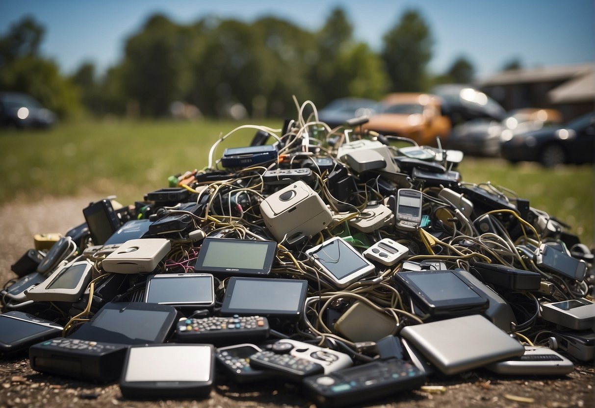 A pile of discarded electronic devices being responsibly recycled, with arrows indicating the reduction of e-waste and environmental benefits of data erasure