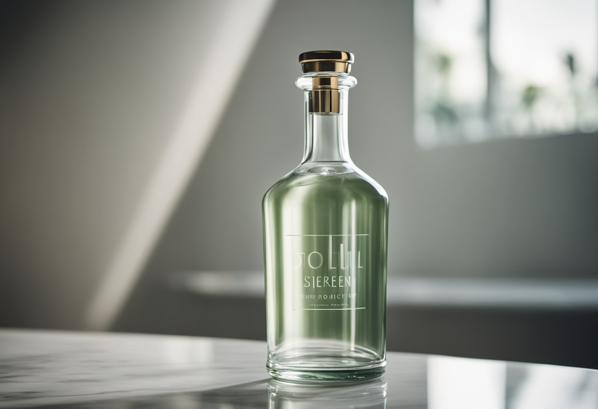 A sleek glass bottle sits on a marble tabletop, catching the light with its elegant curves and minimalist design. The label is simple yet eye-catching, adding to the overall aesthetic appeal