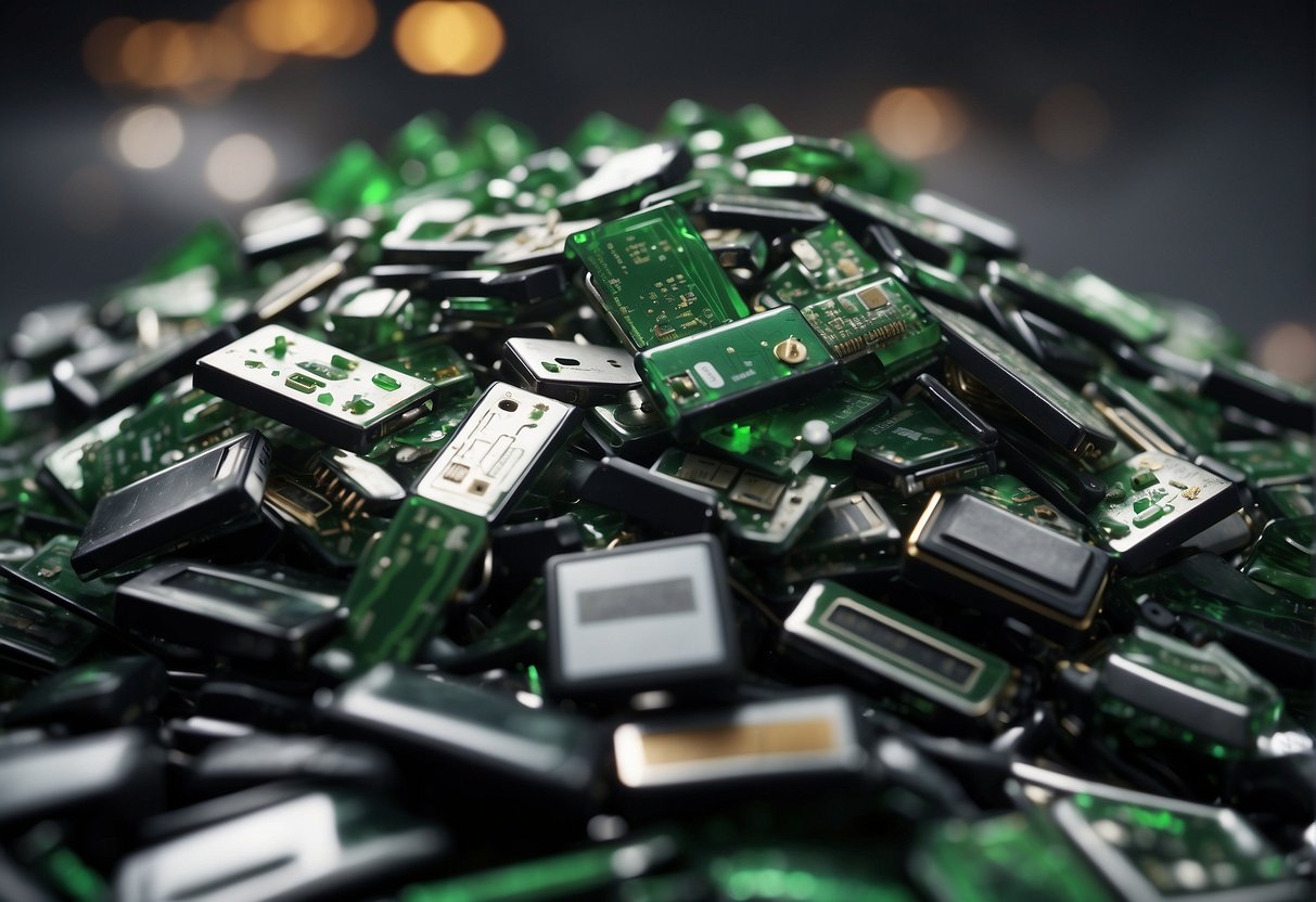 A pile of electronic waste being reduced through data wiping, with green arrows symbolizing environmental benefits
