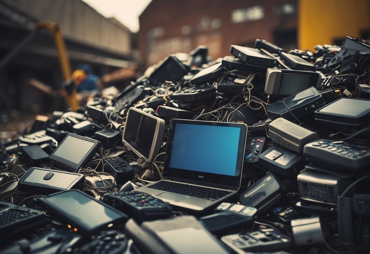 A pile of discarded electronic devices being recycled, with arrows indicating reduction of e-waste