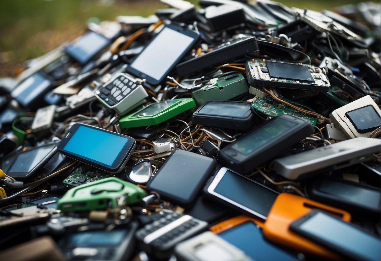A pile of discarded electronics being recycled, with arrows showing reduction of e-waste