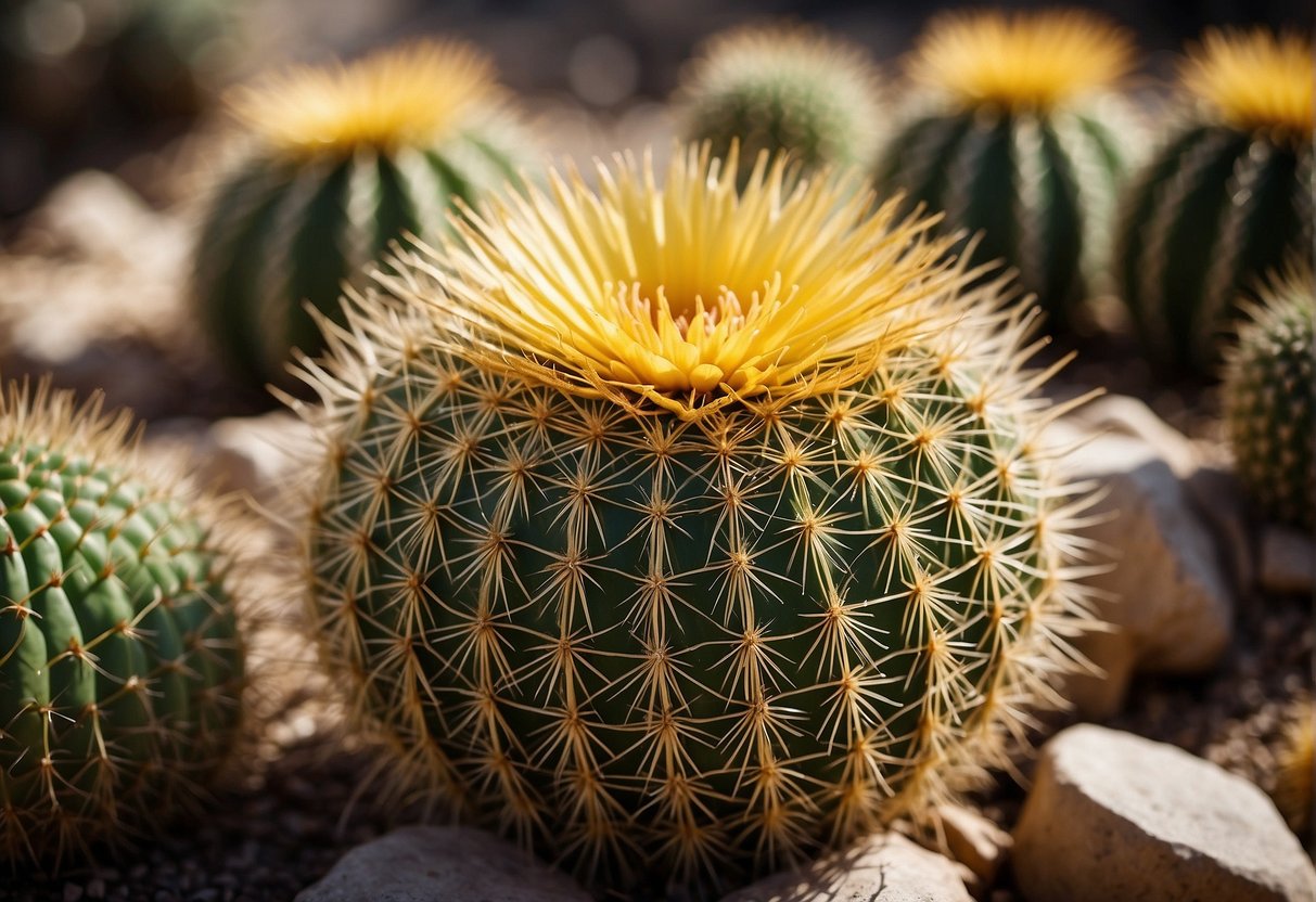 A large golden barrel cactus is displayed for sale