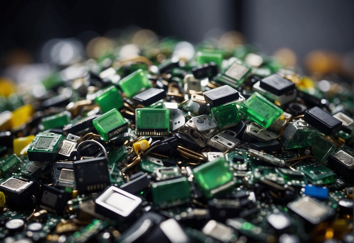 A pile of electronic waste being reduced through data wiping, with environmental benefits highlighted