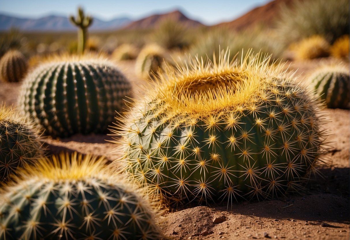 A large golden barrel cactus sits on display for sale, surrounded by other desert plants