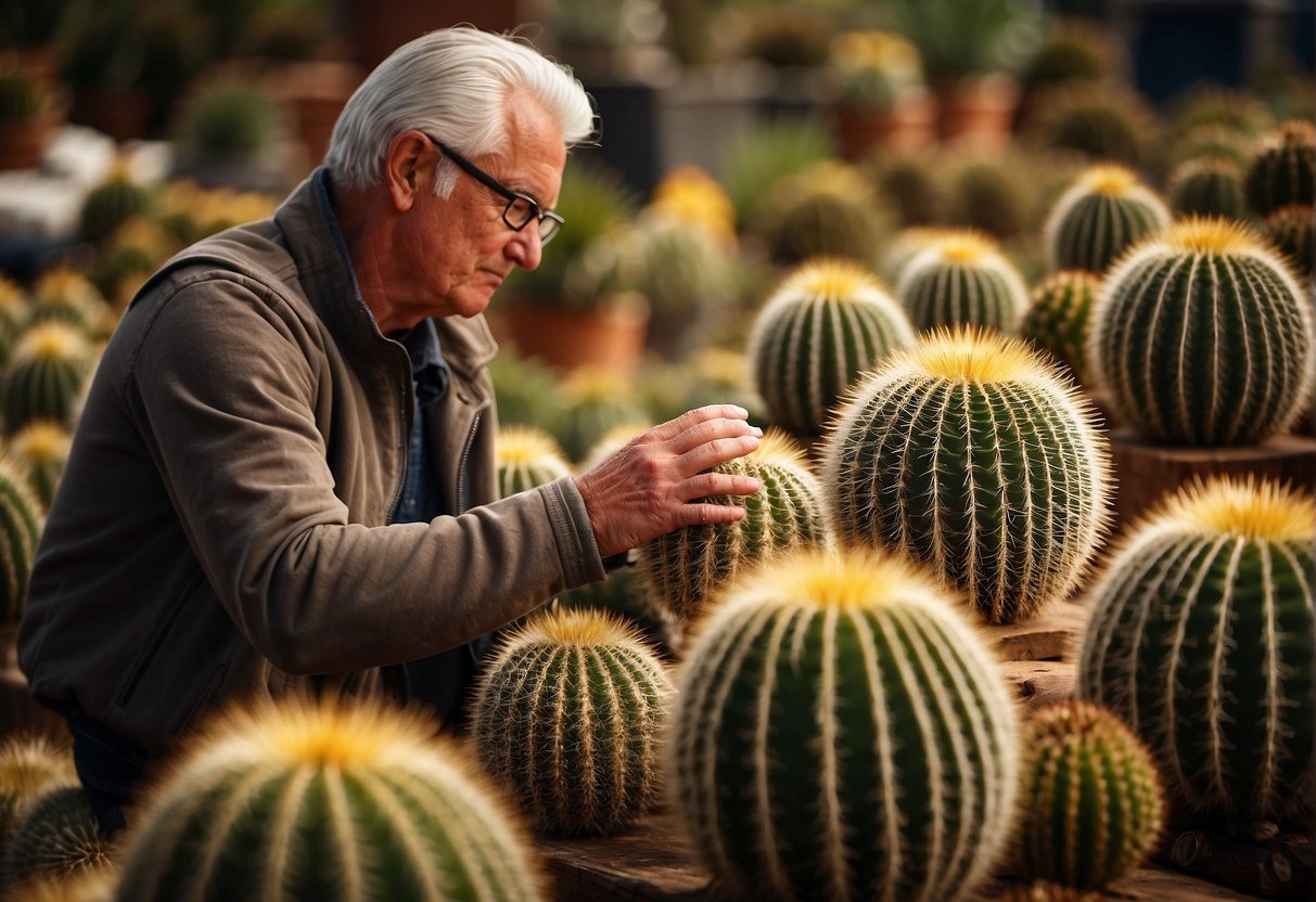 A customer carefully choosing a large golden barrel cactus from a display of various cacti for sale