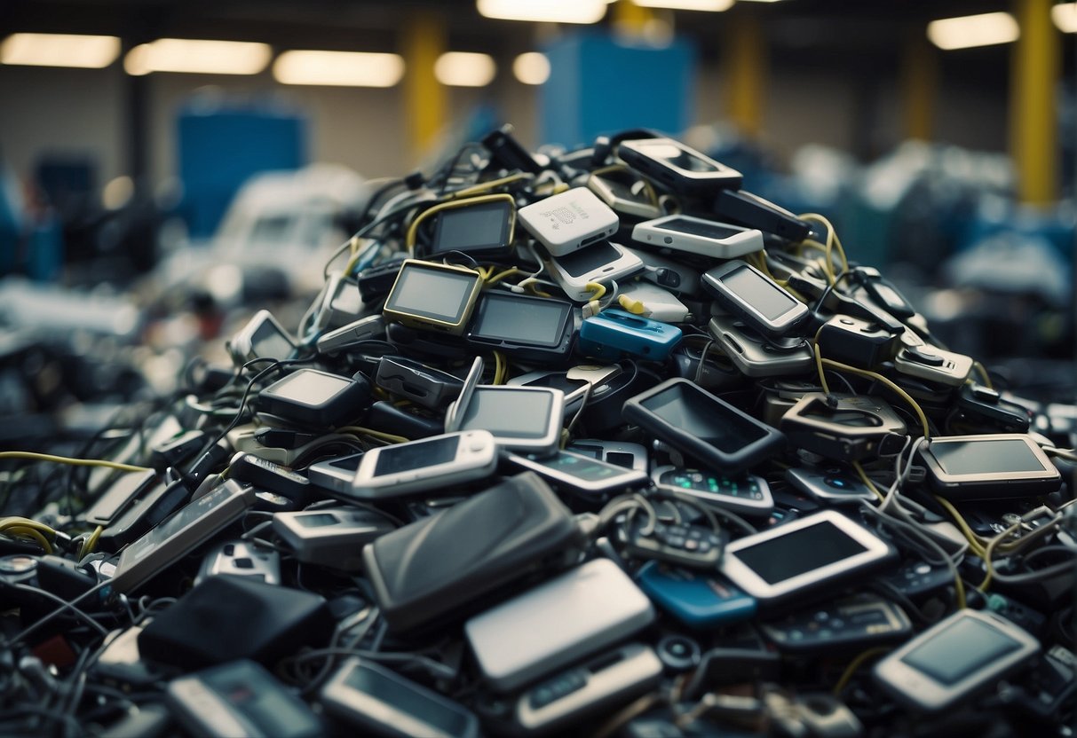 A pile of discarded electronic devices being properly disposed of in a recycling center, with a clear focus on the environmental benefits of data erasure