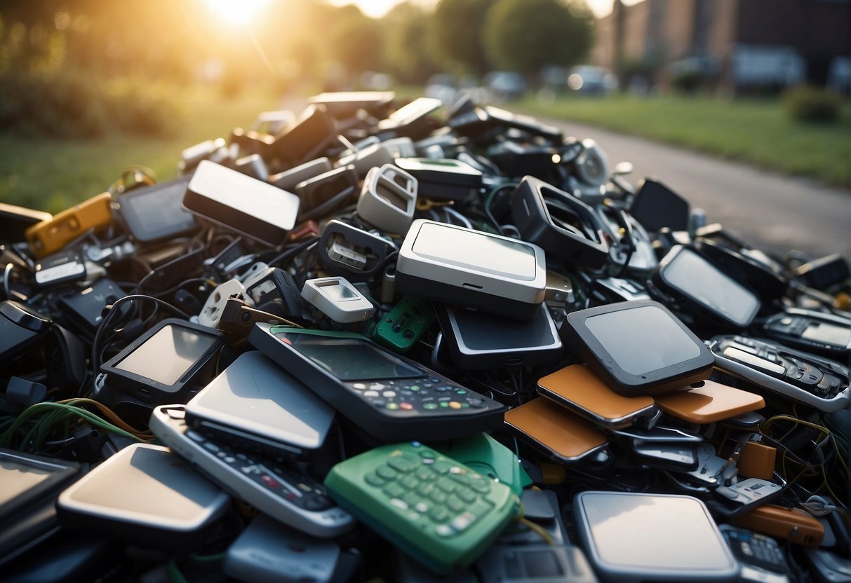A pile of discarded electronic devices being properly recycled and processed for data wiping, illustrating the environmental benefits of reducing e-waste through circular economy practices