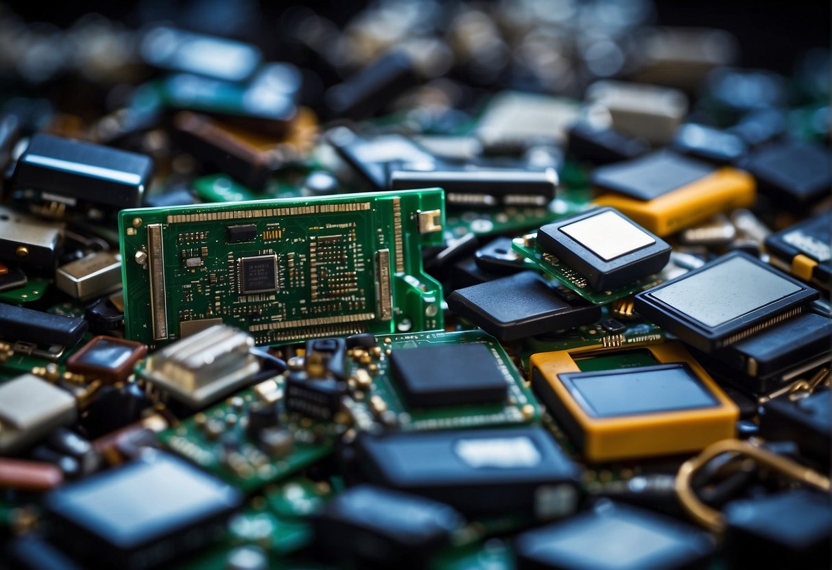A pile of small electronics being sorted for recycling, with a computer screen displaying data erasure process