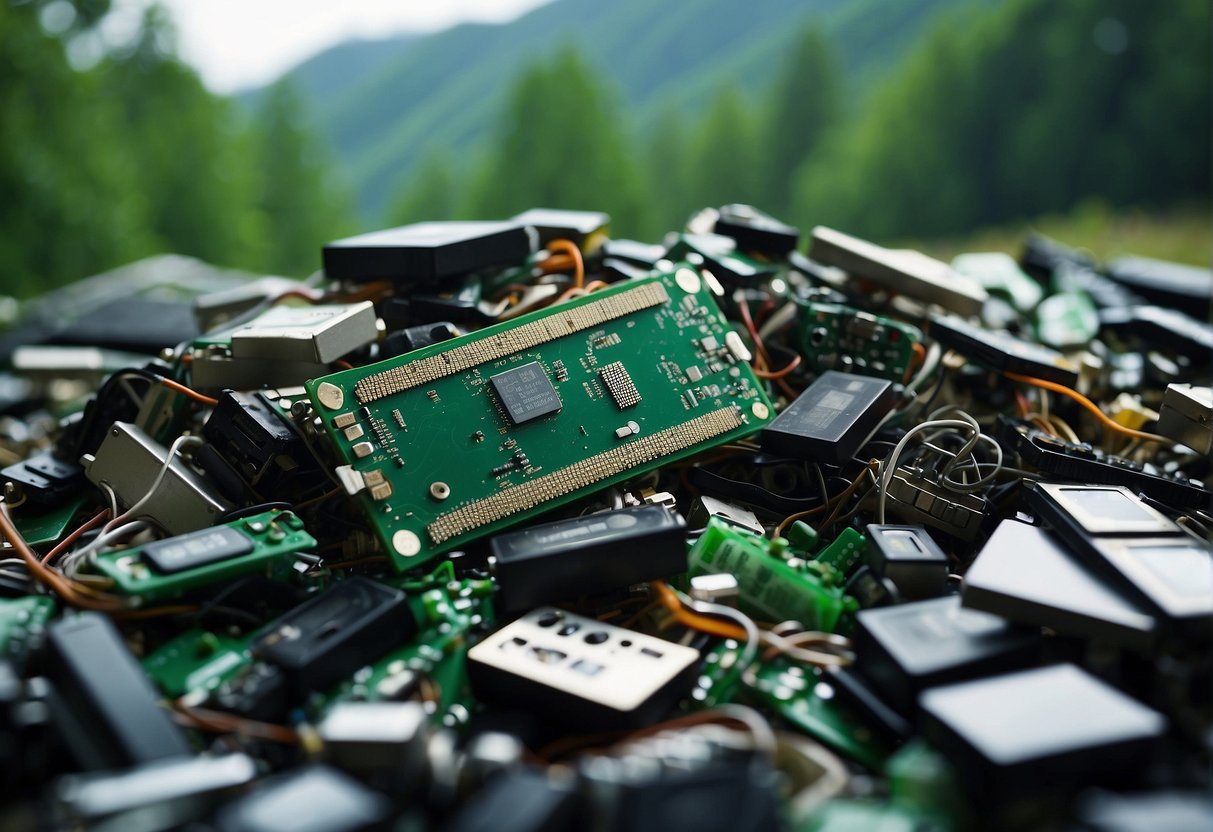 A pile of electronic waste being reduced through data erasure, with a green environment in the background