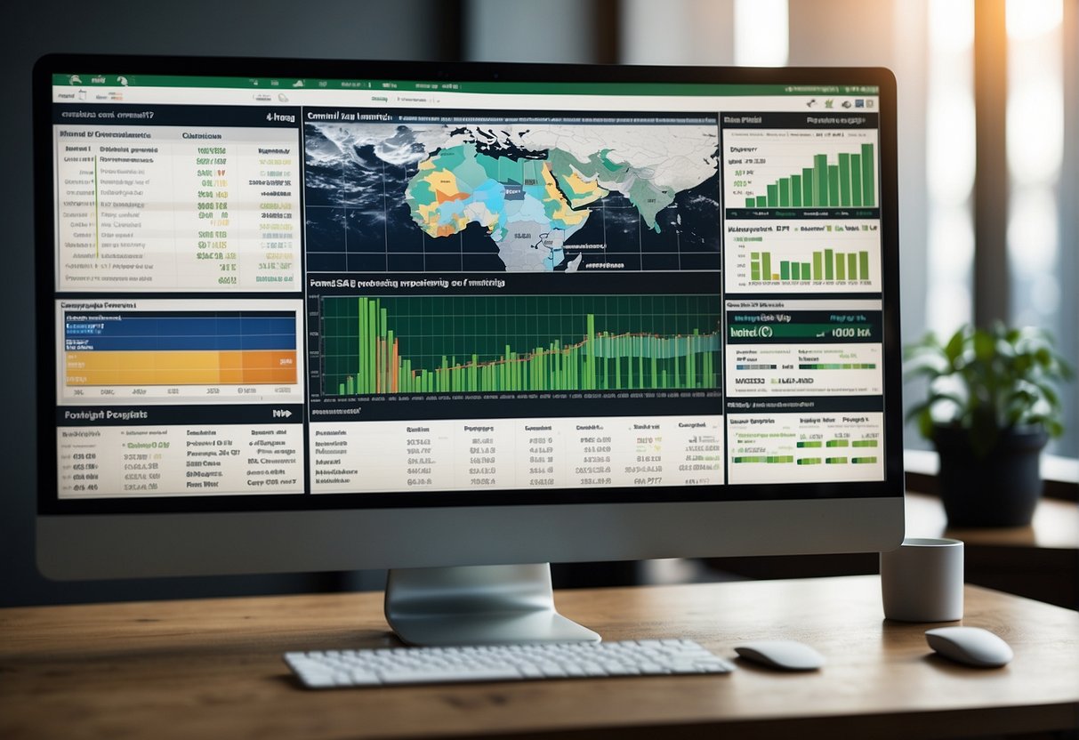 A computer screen displaying ESG reporting data with a chart, graphs, and key performance indicators, surrounded by sustainability reports and documents
