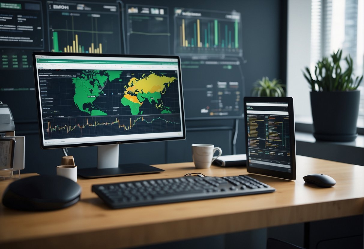 A desk with a computer displaying ESG reporting and sustainability data, surrounded by charts and graphs