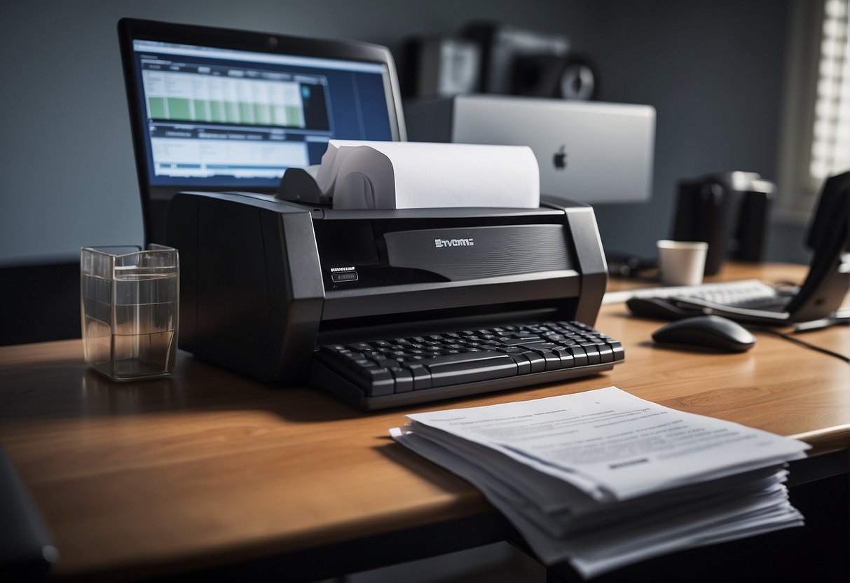A desk with a computer, papers, and a recycling bin. A document shredder is in the background