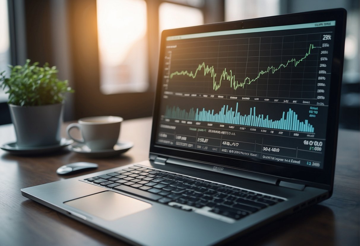 A computer screen displaying graphs and charts related to ESG reporting, with a shredder nearby symbolizing the role of data deletion in sustainability