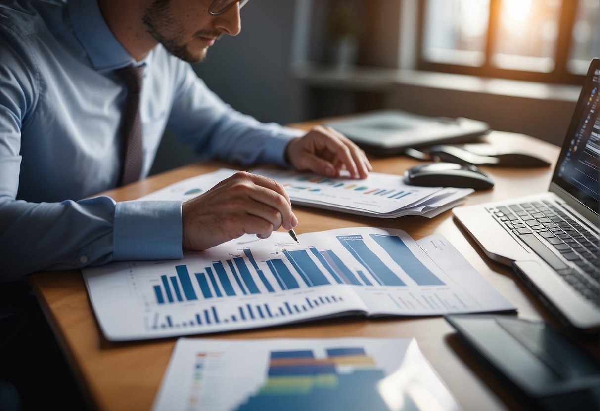 A person analyzing and evaluating data for ESG reporting, surrounded by charts, graphs, and a computer