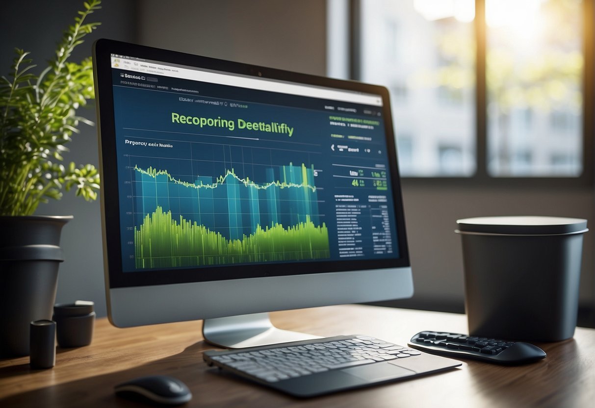 A computer screen displaying ESG reporting data with a chart, surrounded by sustainability reports and a recycling bin