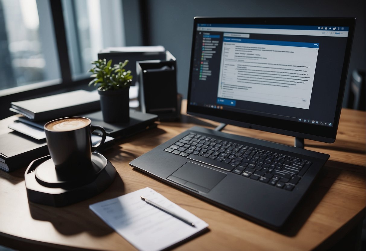 An office desk with a computer, files, and a notebook. A checklist of data erasure software features. Company logo on the computer screen