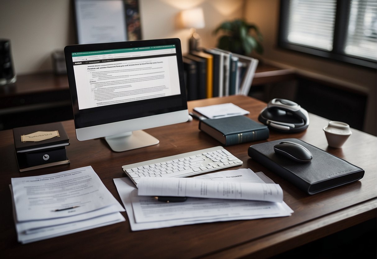 A desk with legal documents, a computer, and regulatory guidelines. Choose the best data erasure software for your business