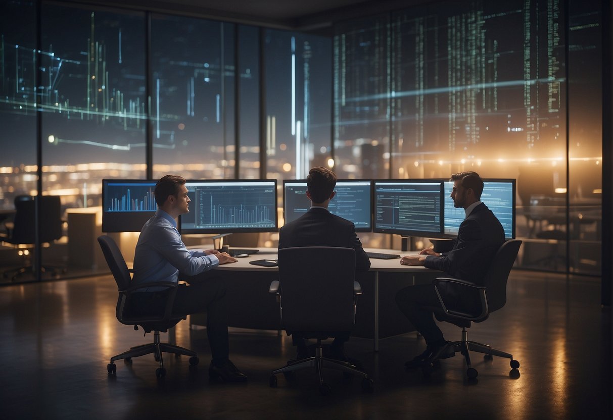 A team of professionals discussing and evaluating various data erasure software options for their company's implementation process