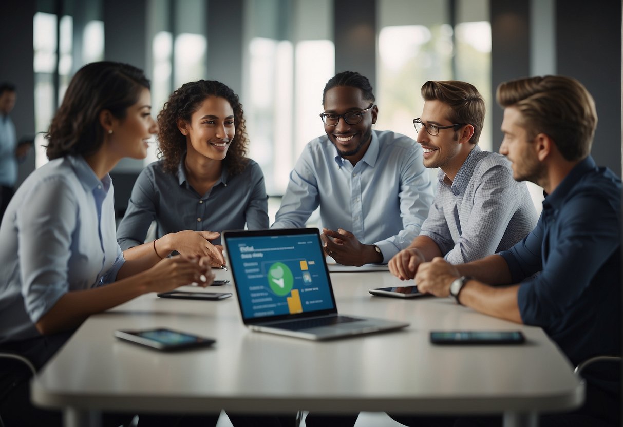 A group of employees attending a training session on data management software, discussing and comparing different options for their company's needs