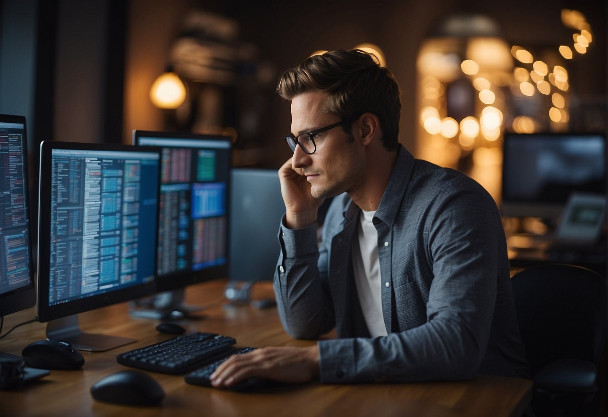 A person at a computer, surrounded by various software options, pondering how to choose the best data deletion software for their business