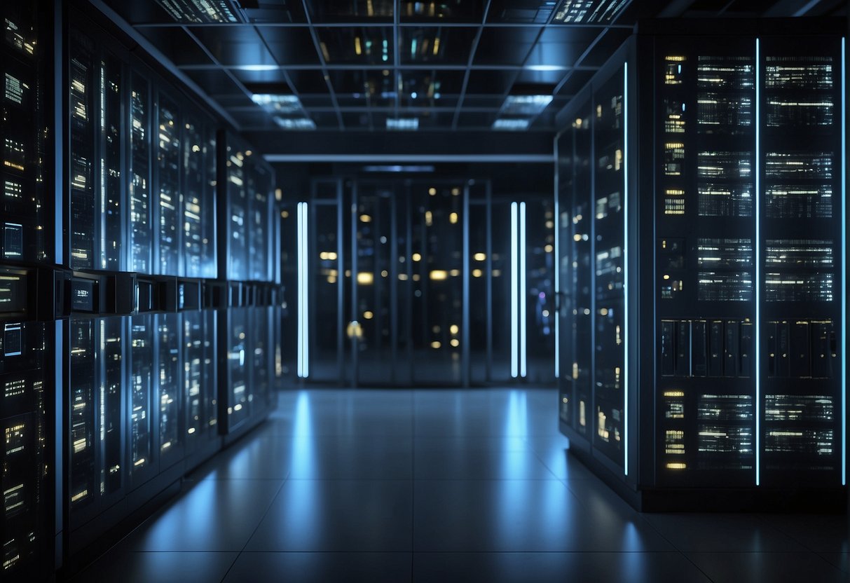 A secure server room with multiple layers of digital security measures in place, including firewalls, encryption, and biometric access control