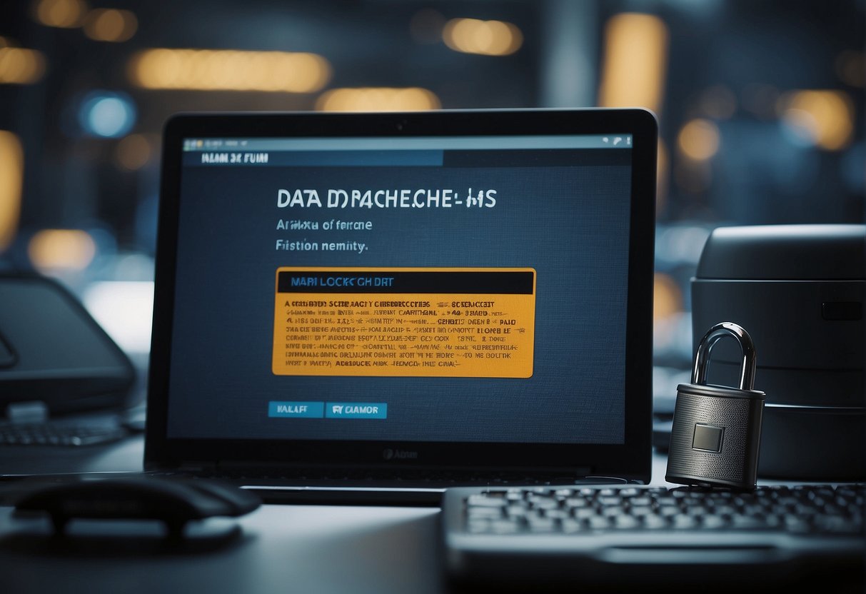 A computer screen displays a warning message about data breaches. A locked padlock symbolizes data security, while a trash can signifies data deletion