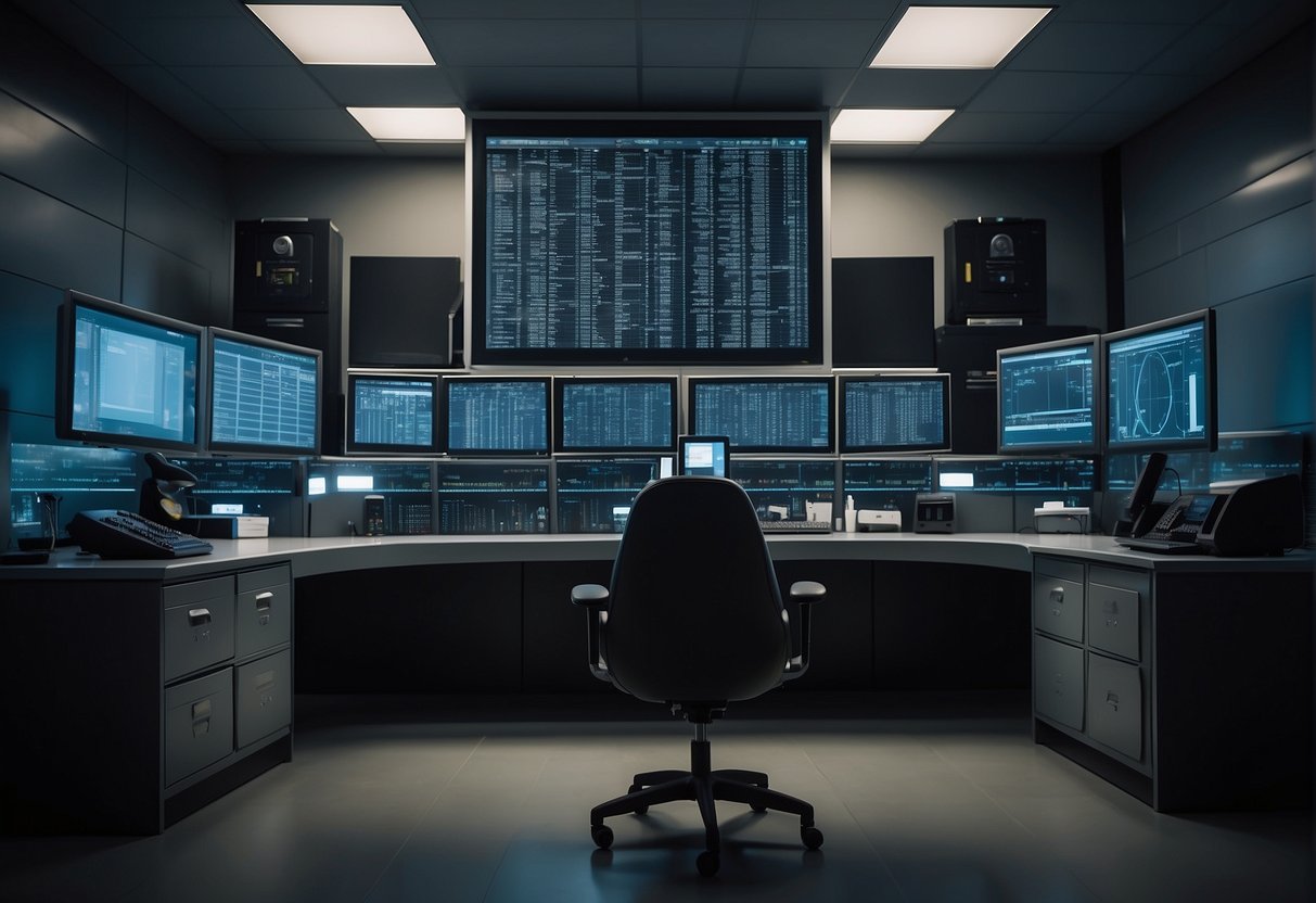 A secure room with locked cabinets and a computer screen displaying a data wiping process. Security cameras monitor the area