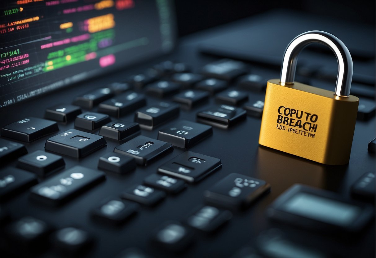 A computer screen displays a warning message about a data breach. A lock icon symbolizes data protection, while a shredder represents data deletion