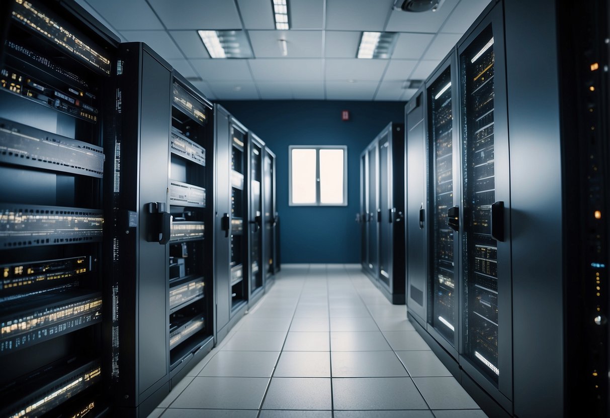 A secure server room with locked cabinets, surveillance cameras, and firewalls protecting sensitive data from potential breaches
