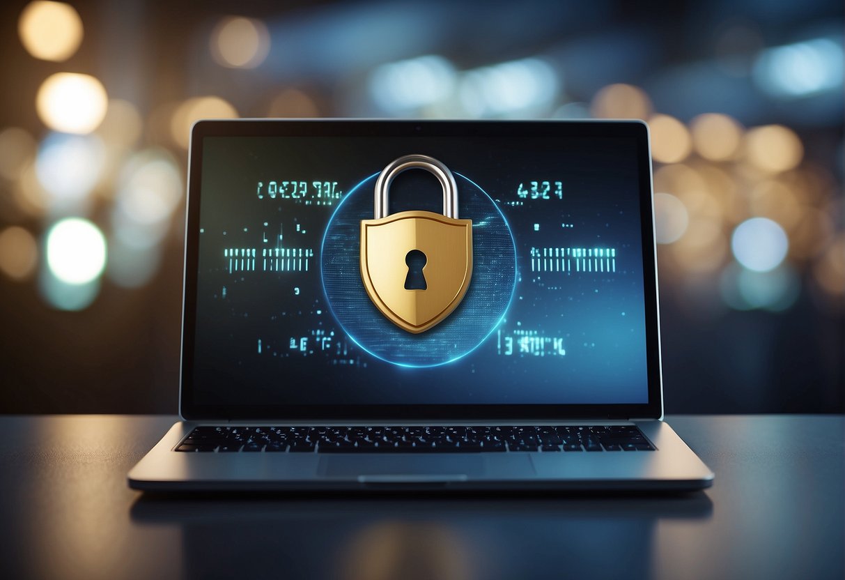 A computer screen displaying a secure data deletion process with a padlock icon and a shield symbol for data breach prevention