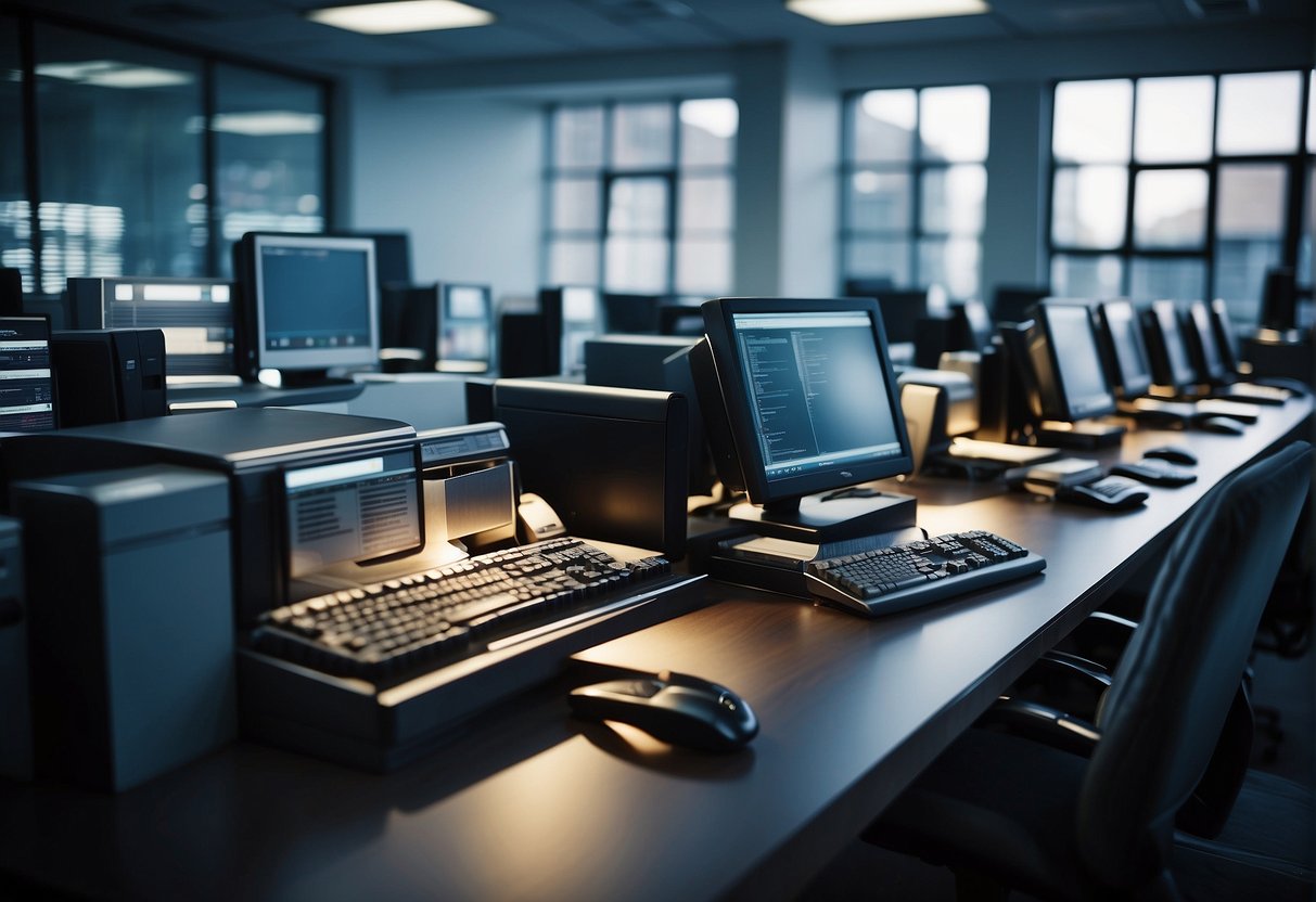 A secure office setting with locked filing cabinets, encrypted computers, and a security system in place to prevent data breaches