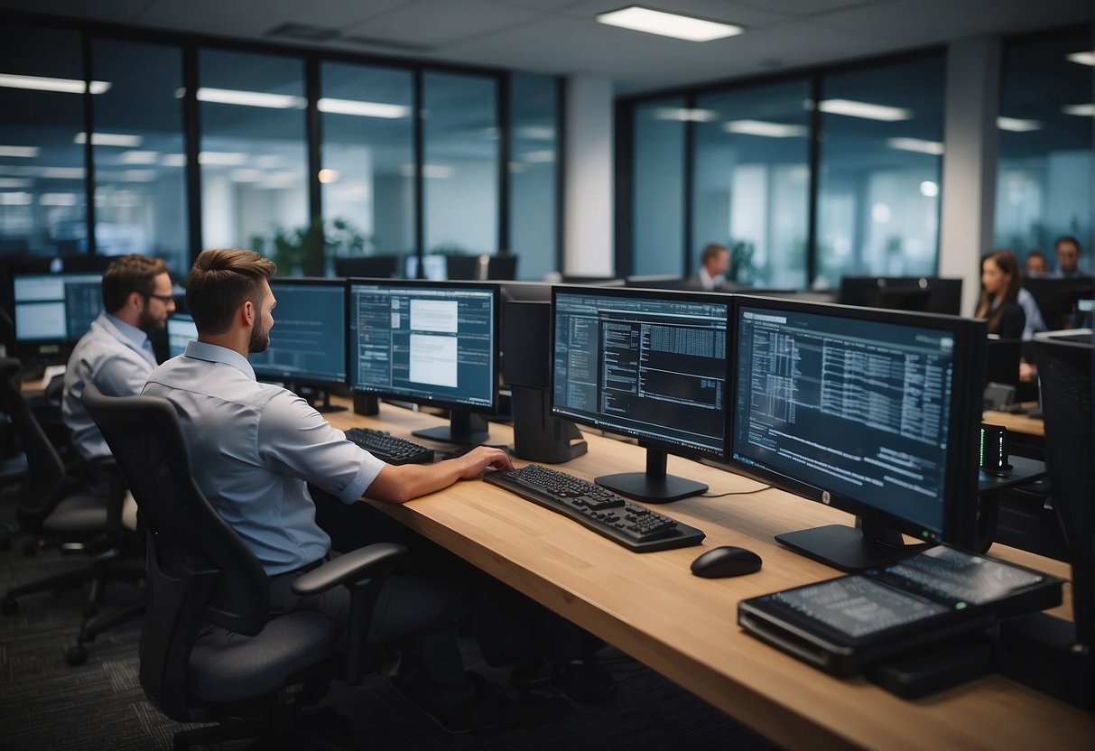 Employees working on secure data deletion and breach prevention. Keyboards, monitors, and security software in a modern office setting
