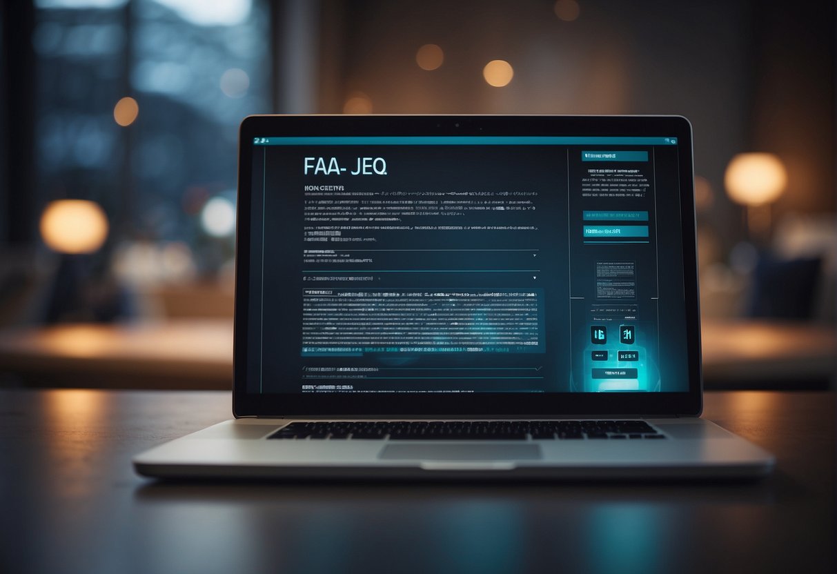 A computer screen displaying a FAQ page on data security with a padlock icon and a shield symbol