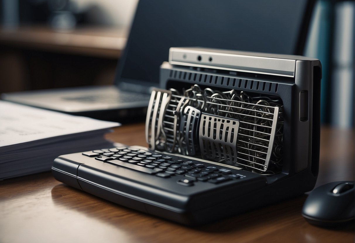 A secure data destruction guidebook on a desk with a shredder, computer, and lock