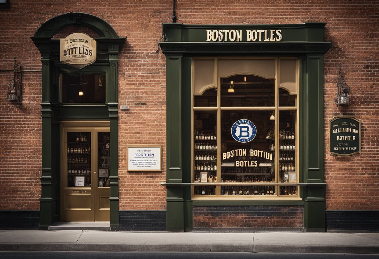 The Boston Bottles logo is displayed prominently on the storefront, with vintage bottles and memorabilia showcased in the window. A historical plaque is mounted on the brick exterior