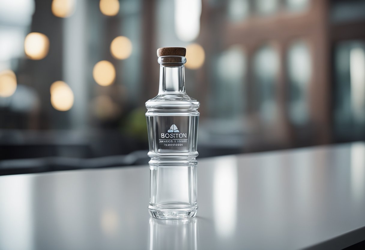 A sleek, modern Boston bottle sits on a clean, white surface. Its tall, slender shape and smooth glass surface reflect the surrounding light