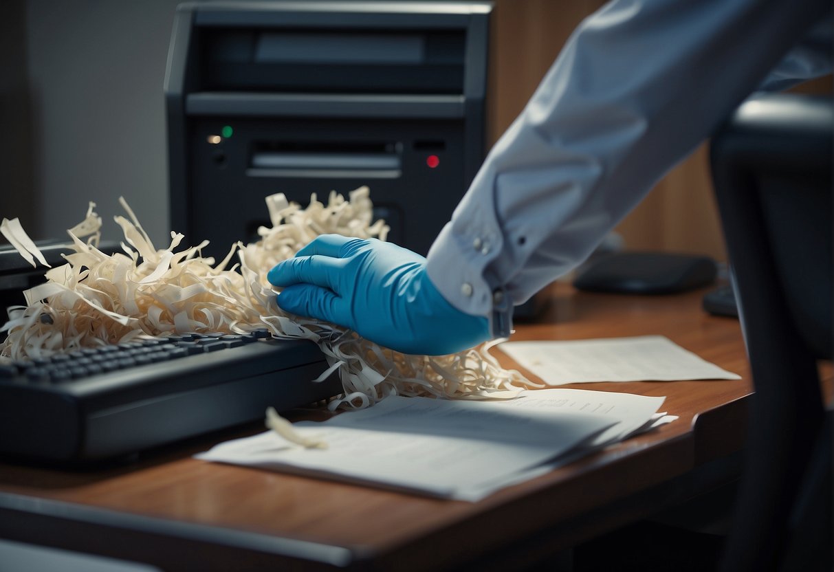 A secure data destruction guide, with a shredder destroying paper documents and a computer being wiped clean by a technician