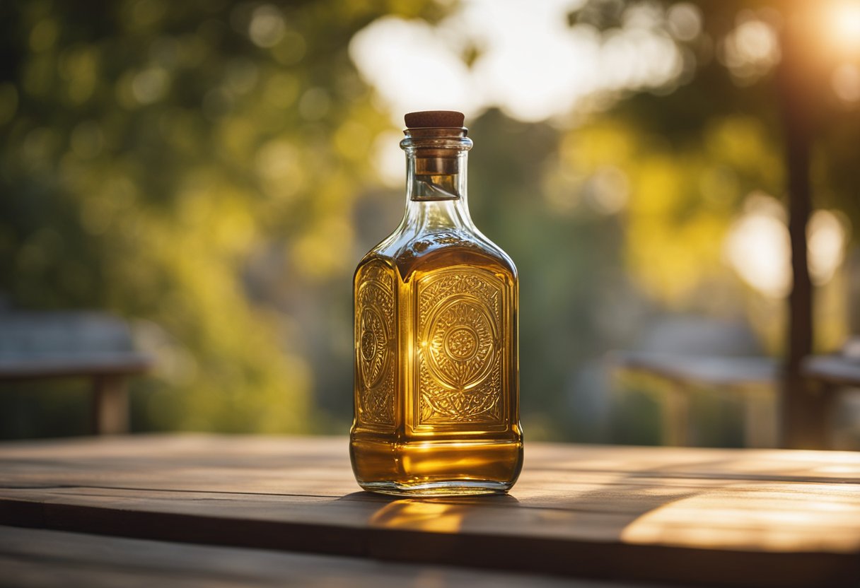 A Boston glass bottle sits on a wooden table, catching the warm glow of the afternoon sun
