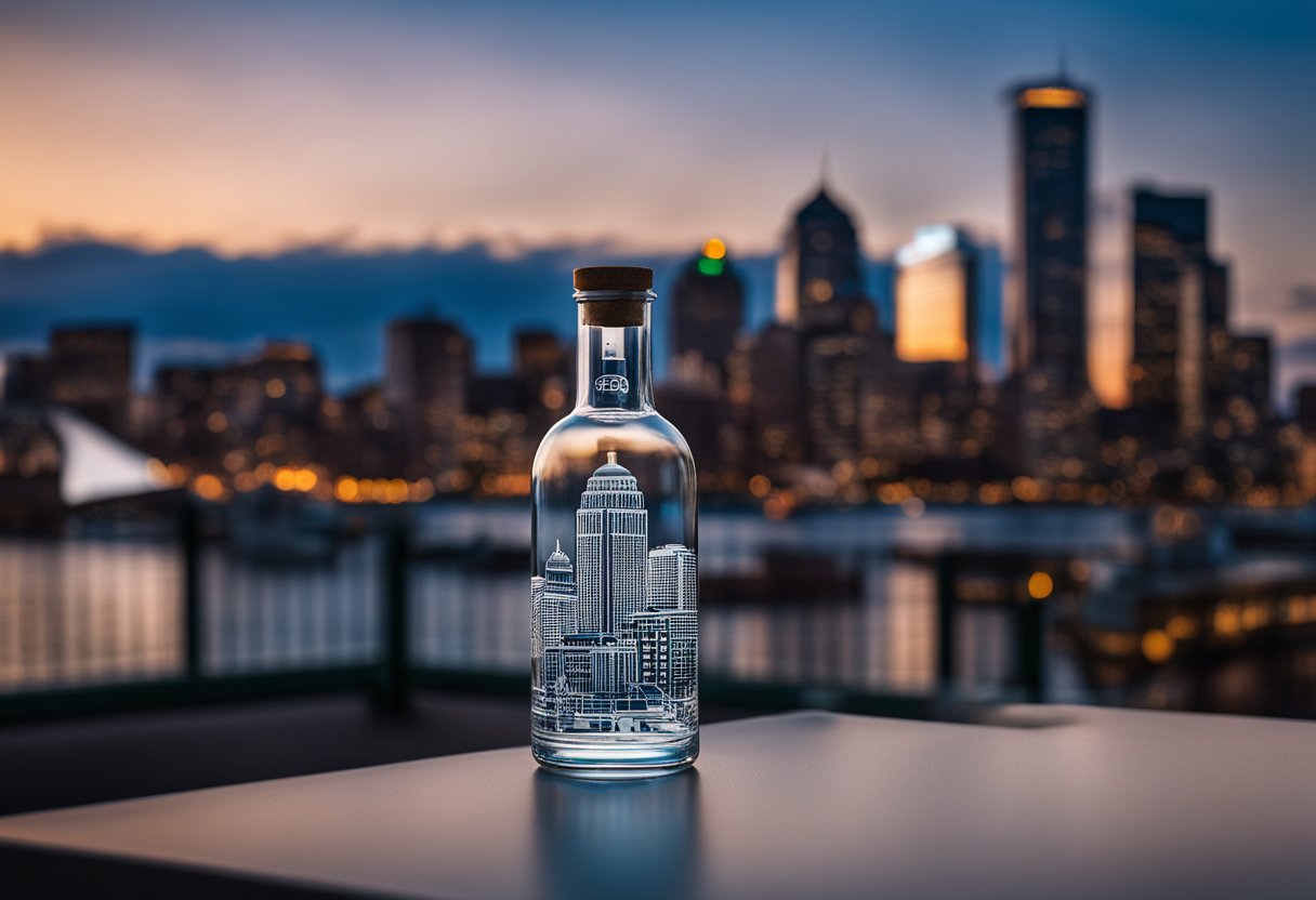 A sleek glass bottle with a modern design, featuring innovative details and the iconic skyline of Boston etched onto its surface