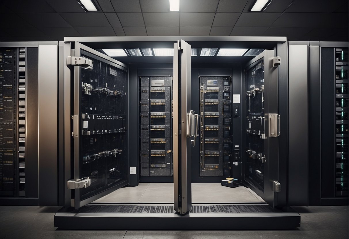 A secure vault with locked doors and a computer system for data backup and storage