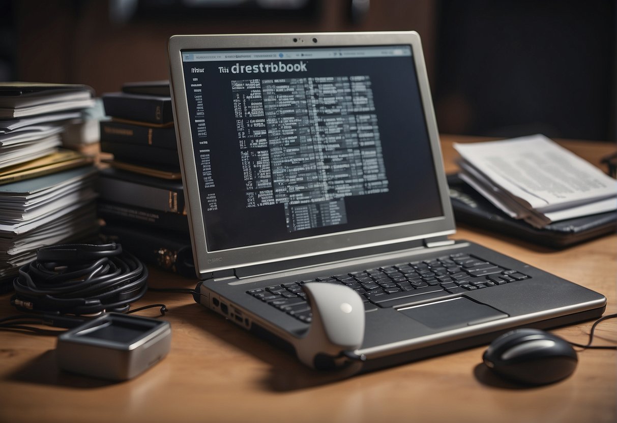 A guidebook on data destruction lies open on a desk, surrounded by scattered paper and a computer monitor