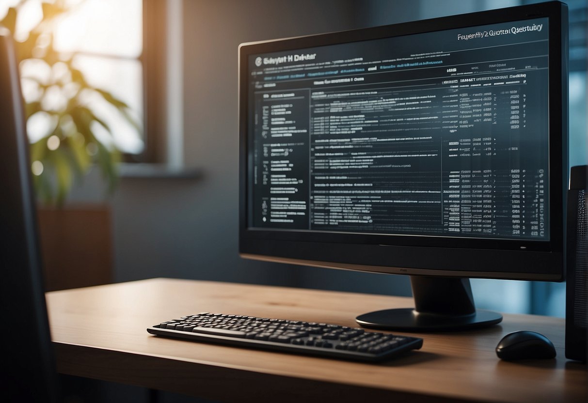 A computer monitor displaying "Frequently Asked Questions En komplett guide til sikker datadestruksjon" with a shredder in the background