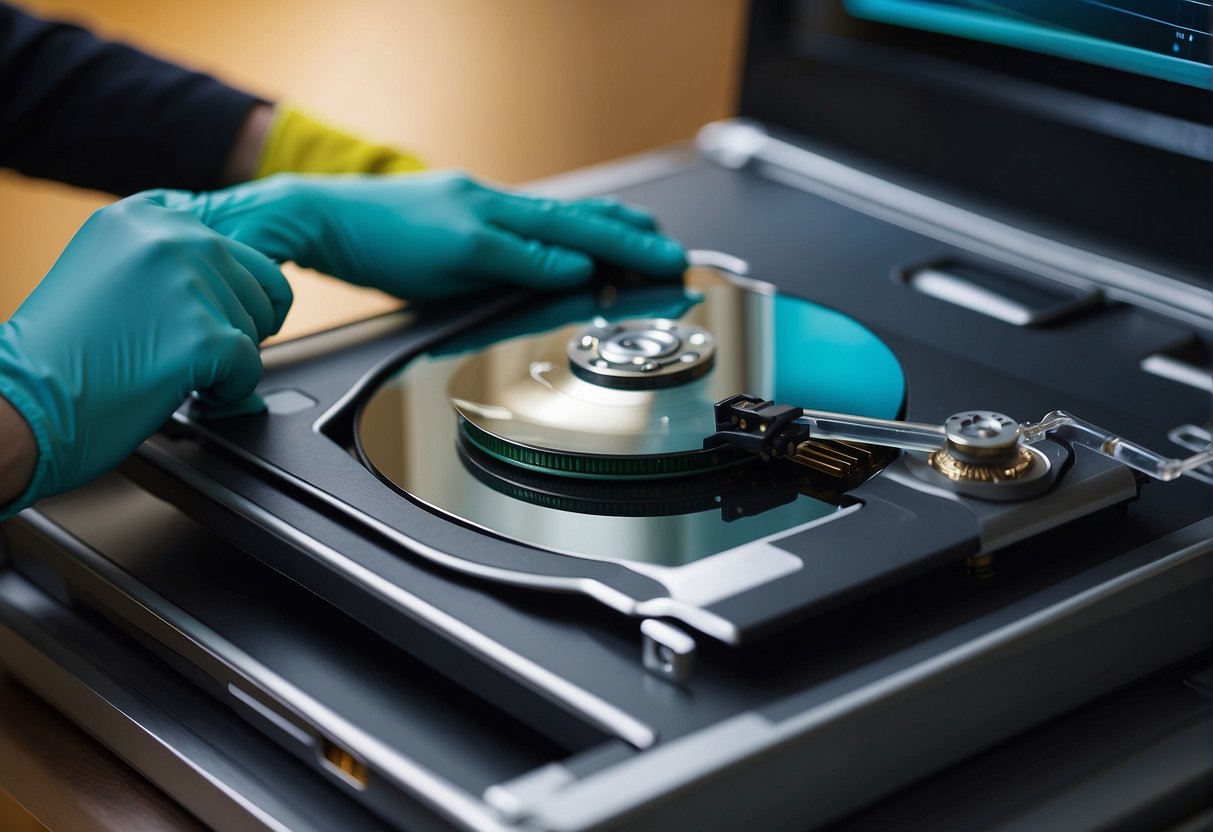 A secure data wiping process is shown with a computer and hard drive being cleaned and sanitized for IT asset disposal