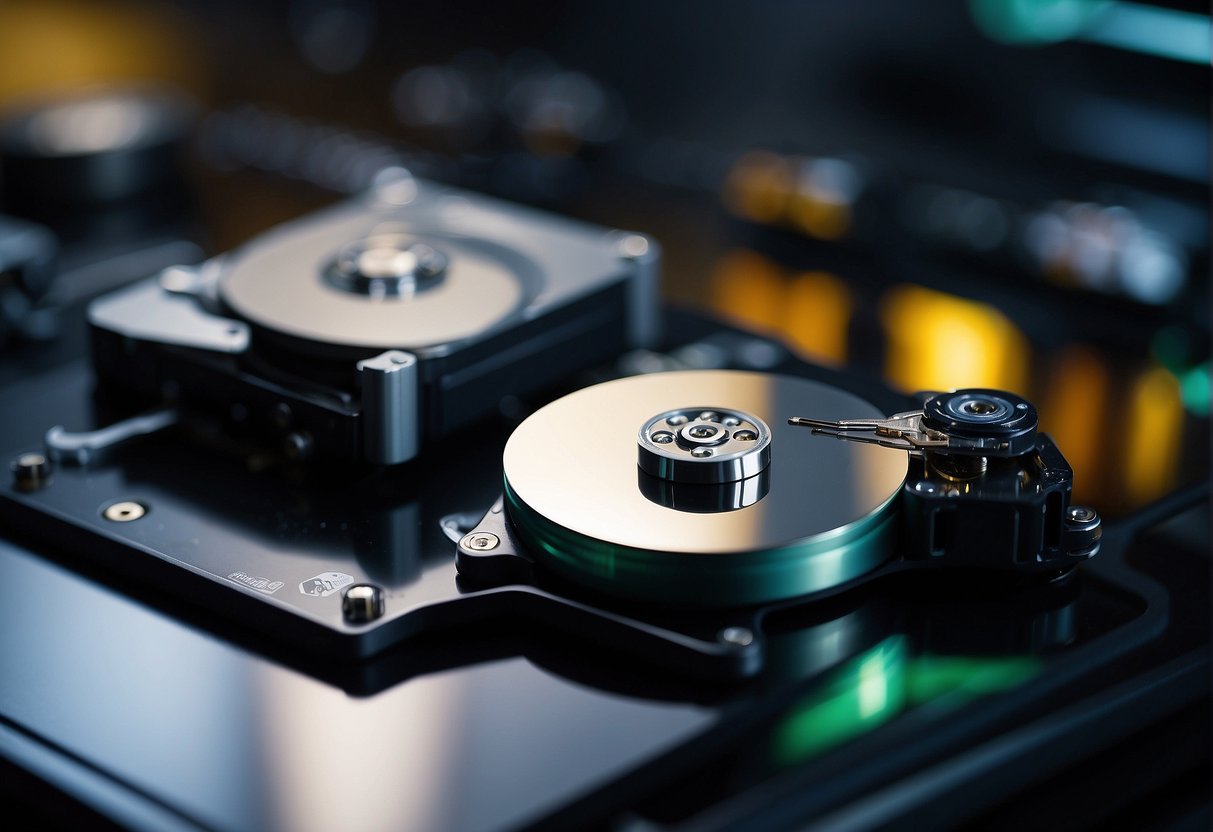 A computer hard drive being wiped clean while another hard drive stores data