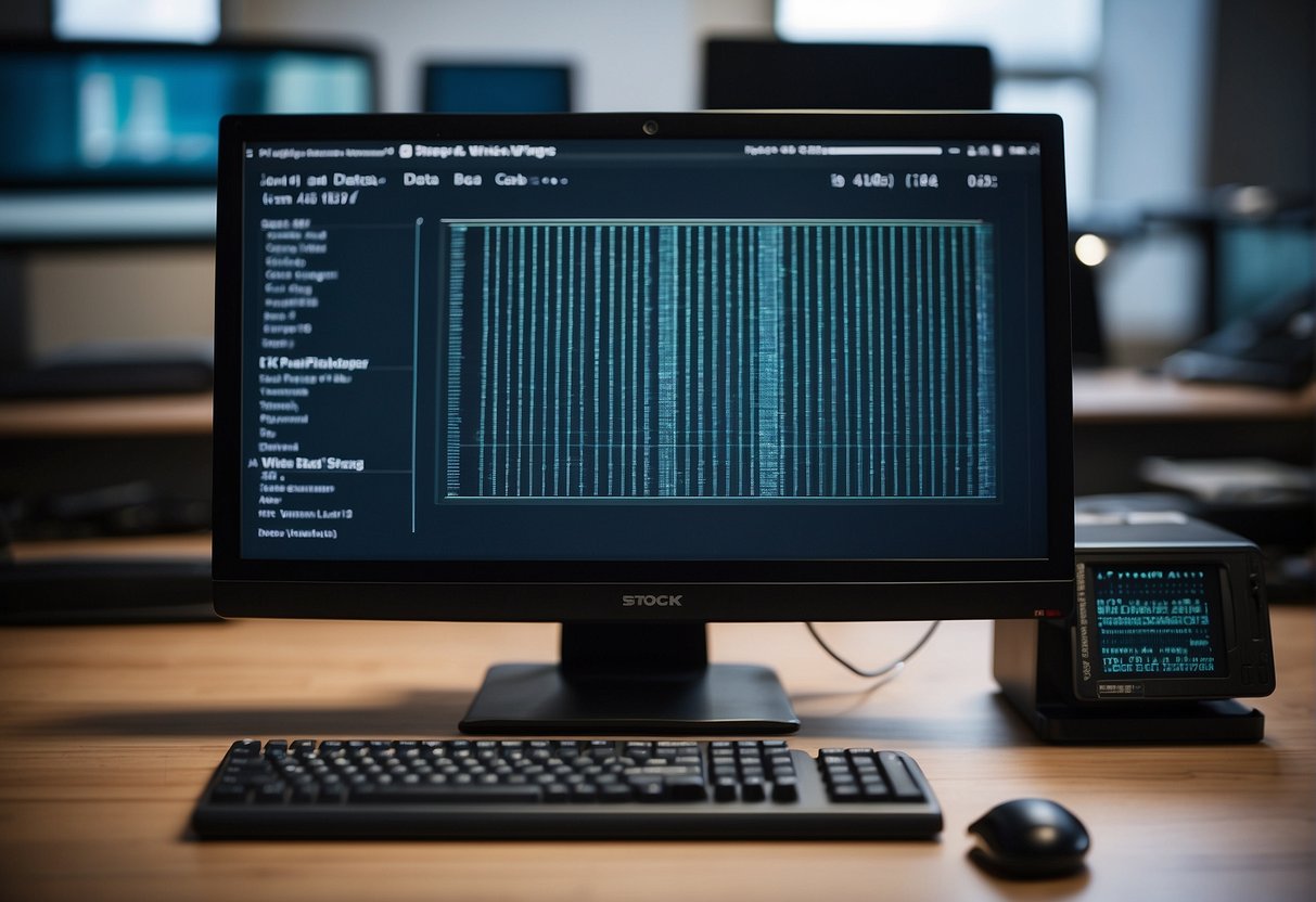 A computer screen displaying the differences between data wiping and data storage technologies. Multiple storage devices and a shredder in the background