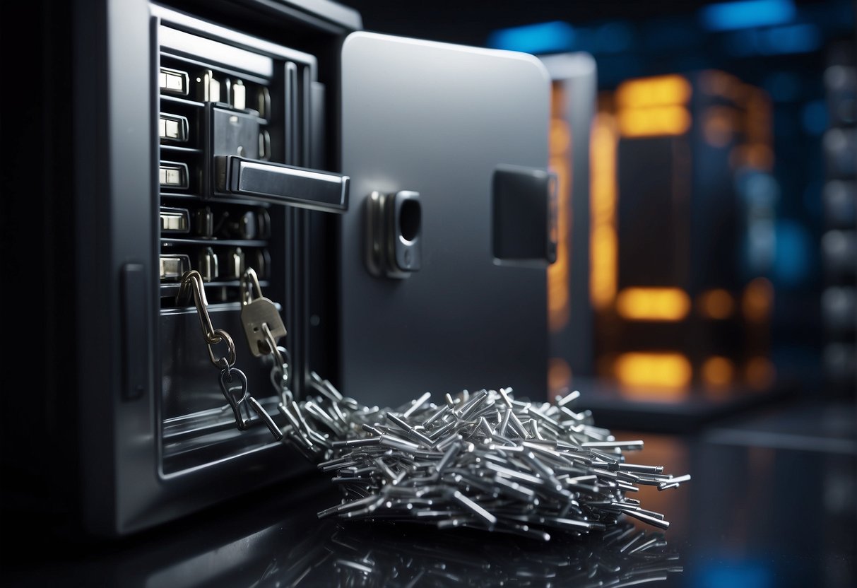 A secure data storage scene with a locked safe and a shredder, illustrating the differences between data deletion and data storage